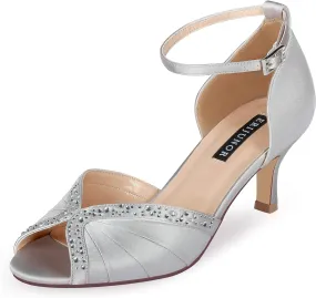 ERIJUNOR Women Comfort Low Heel Ankle Strap Rhinestones Pleat Satin Wedding Evening Dress Dance Shoes