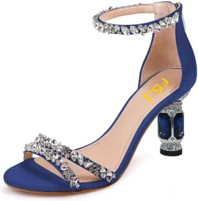 FSJ Women Chic Strappy Open Toe Sandals Ankle Wrap Back Zipper High Jewels Rhinestone Block Heels Summer Casual Shoes 4-15 US