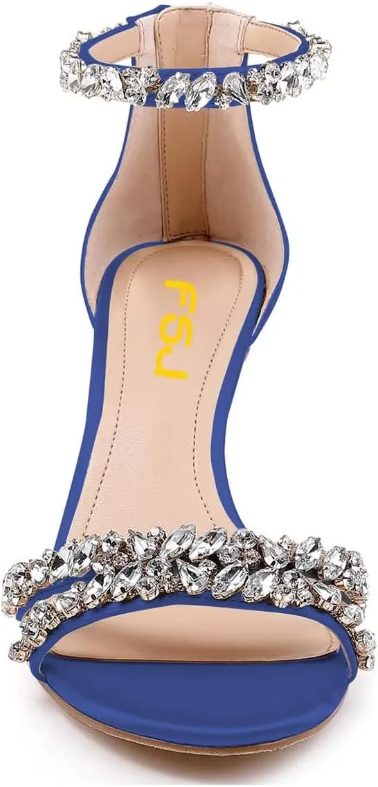 FSJ Women Chic Strappy Open Toe Sandals Ankle Wrap Back Zipper High Jewels Rhinestone Block Heels Summer Casual Shoes 4-15 US