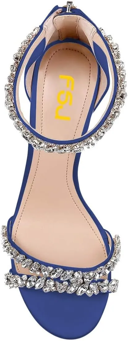 FSJ Women Chic Strappy Open Toe Sandals Ankle Wrap Back Zipper High Jewels Rhinestone Block Heels Summer Casual Shoes 4-15 US