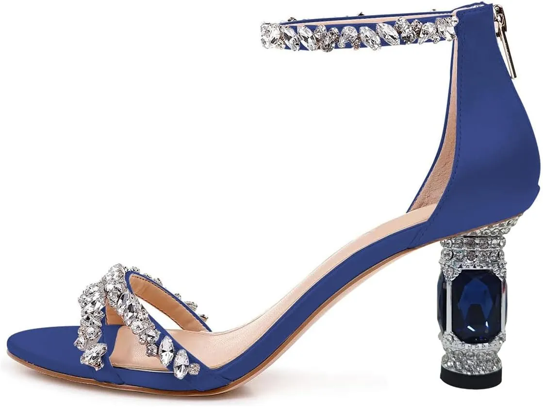 FSJ Women Chic Strappy Open Toe Sandals Ankle Wrap Back Zipper High Jewels Rhinestone Block Heels Summer Casual Shoes 4-15 US