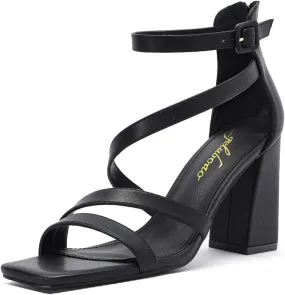 geluboao Heels for Womens Sexy Open Square Toe Strappy Chunky High Heels Sandals Ankle Strap Buckle Block Heeled Sandals