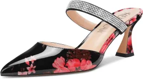 HEUIVZAR Women Chunky Block Mid Heel Pointed Toe Sandals Slingback Slip-on Rhinestone Crystal Party Dress 2.6 Inches Heels