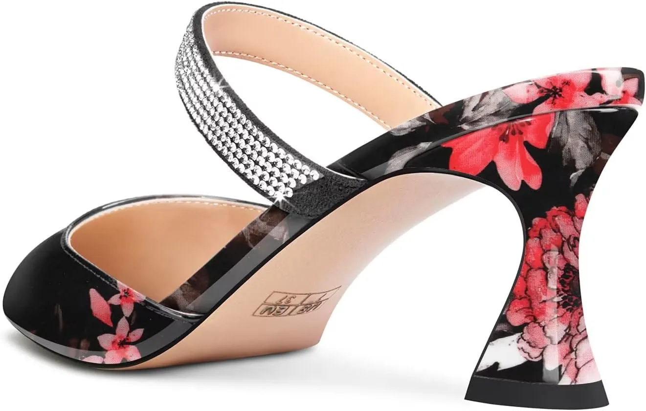 HEUIVZAR Women Chunky Block Mid Heel Pointed Toe Sandals Slingback Slip-on Rhinestone Crystal Party Dress 2.6 Inches Heels