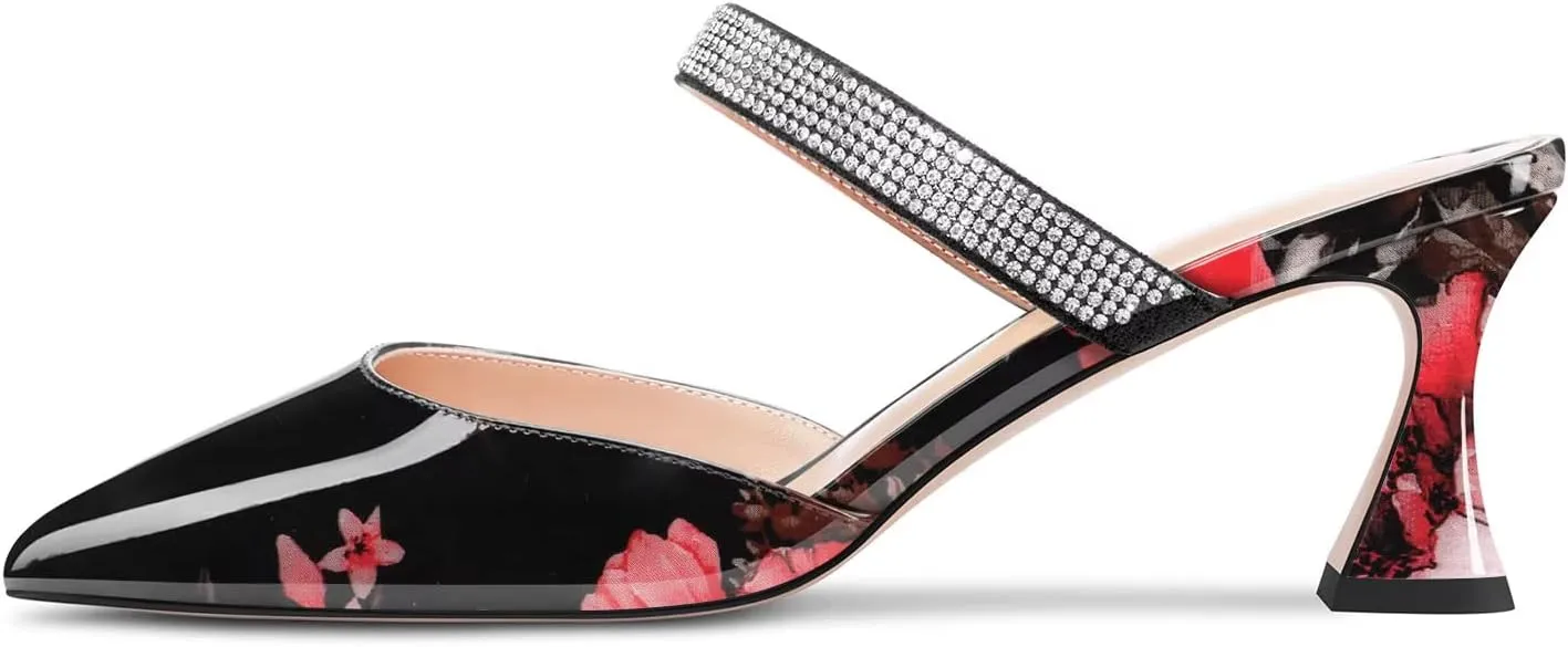 HEUIVZAR Women Chunky Block Mid Heel Pointed Toe Sandals Slingback Slip-on Rhinestone Crystal Party Dress 2.6 Inches Heels