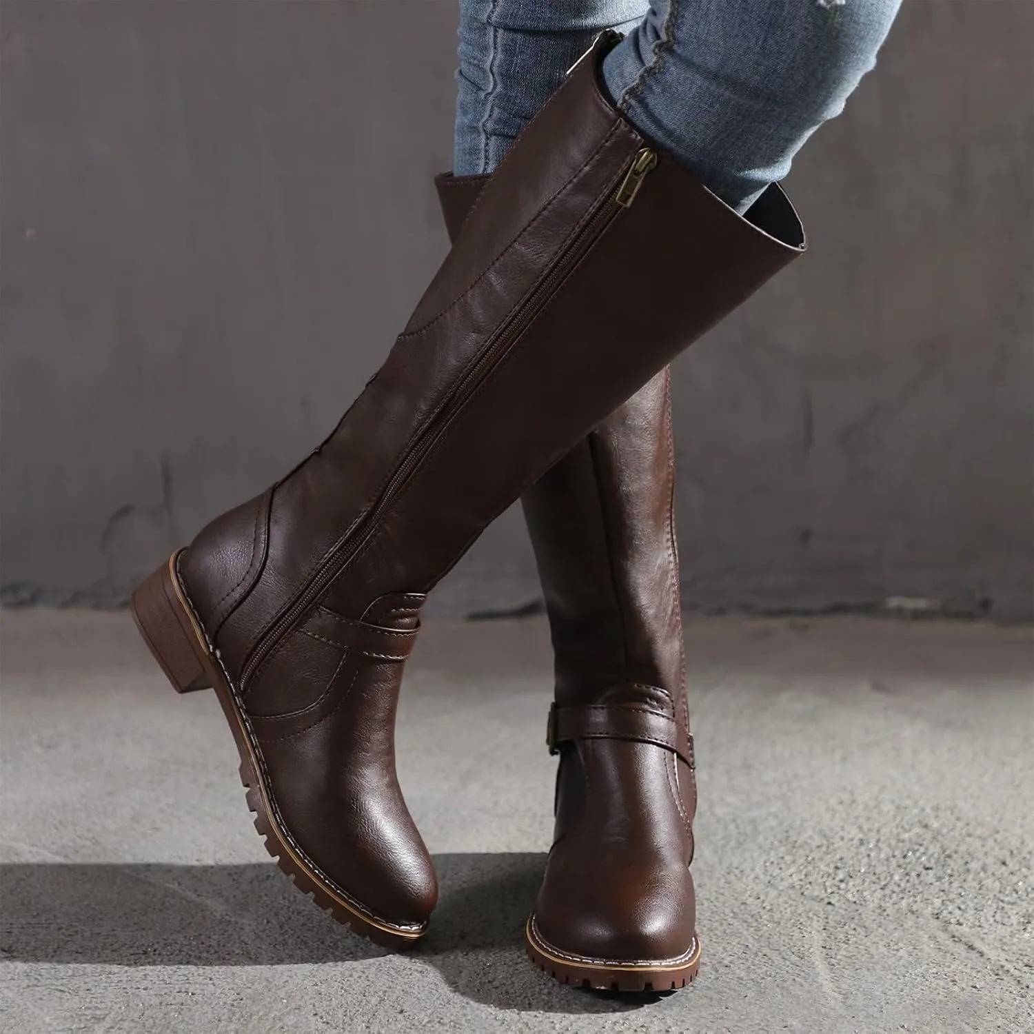 Knee High Boots for Women Vintage Side Zipper Tall Boots Mid Calf Boots Riding Boots Fall Boots Buckle