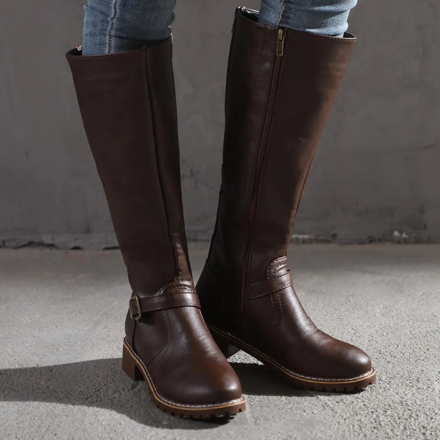 Knee High Boots for Women Vintage Side Zipper Tall Boots Mid Calf Boots Riding Boots Fall Boots Buckle