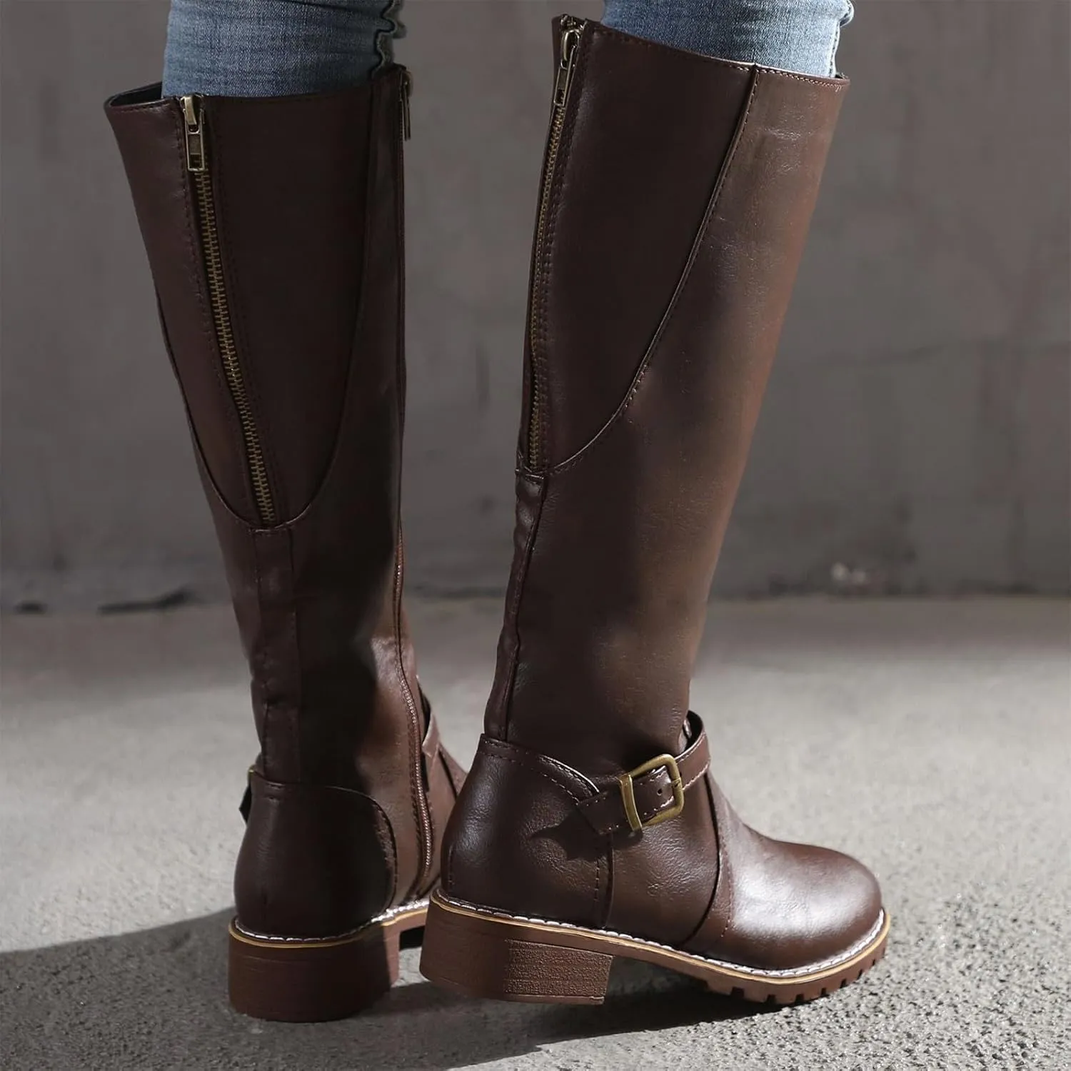 Knee High Boots for Women Vintage Side Zipper Tall Boots Mid Calf Boots Riding Boots Fall Boots Buckle