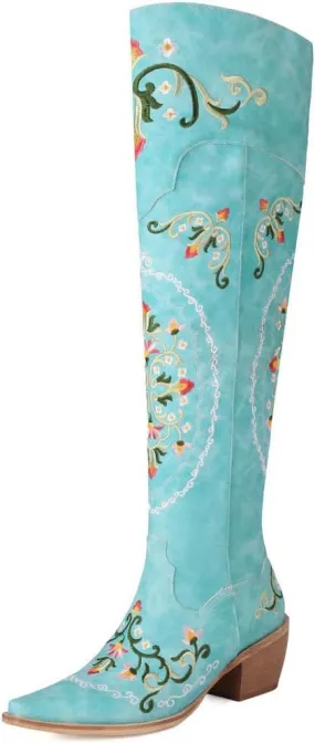 KOKOMOMO Floral Cowgirl Boots Chunky Thigh High Cowboy Over The Knee Embroidered Cowgirl Flower Boots