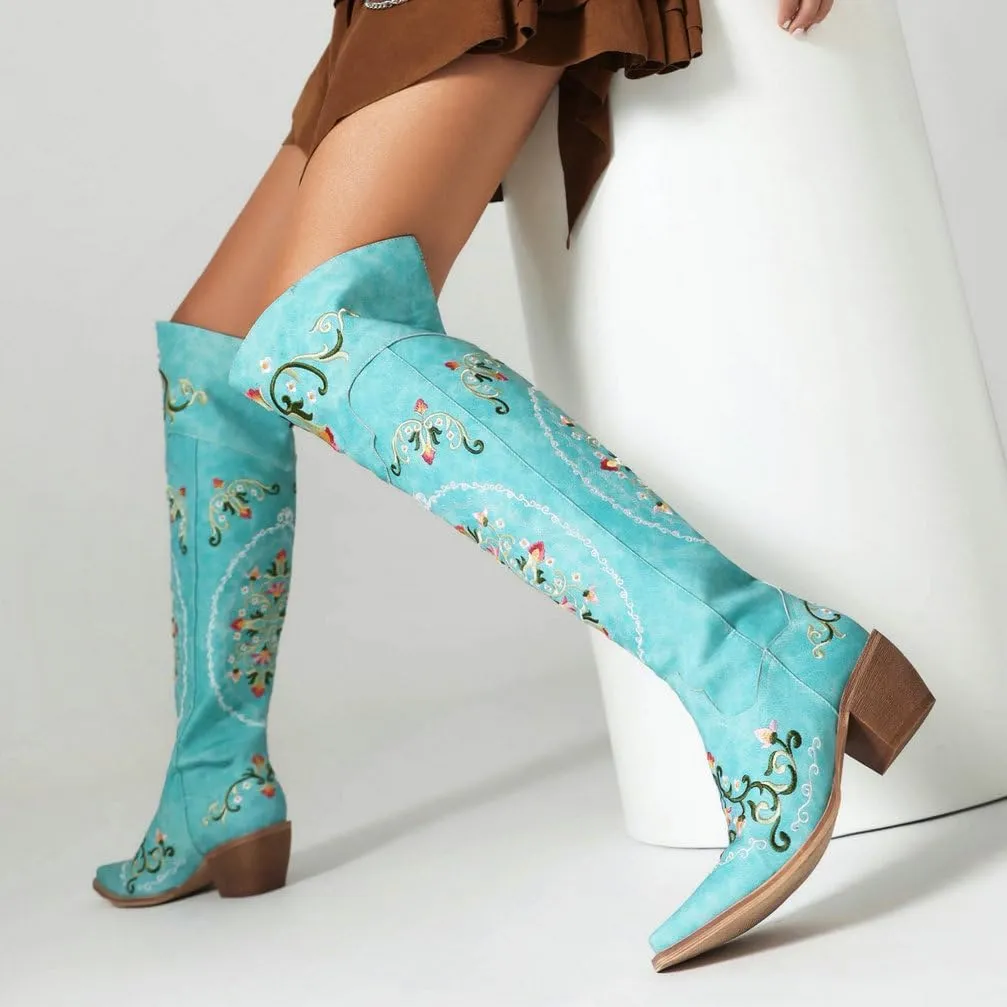 KOKOMOMO Floral Cowgirl Boots Chunky Thigh High Cowboy Over The Knee Embroidered Cowgirl Flower Boots