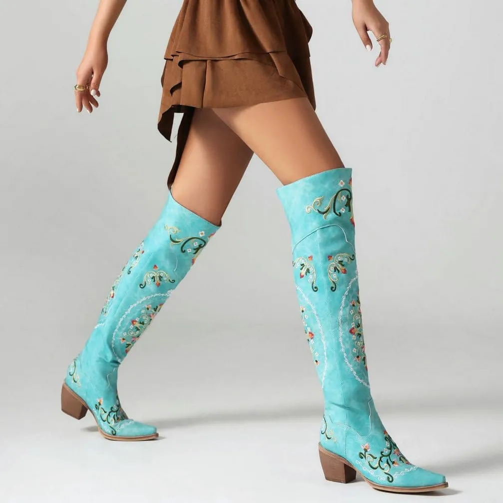 KOKOMOMO Floral Cowgirl Boots Chunky Thigh High Cowboy Over The Knee Embroidered Cowgirl Flower Boots