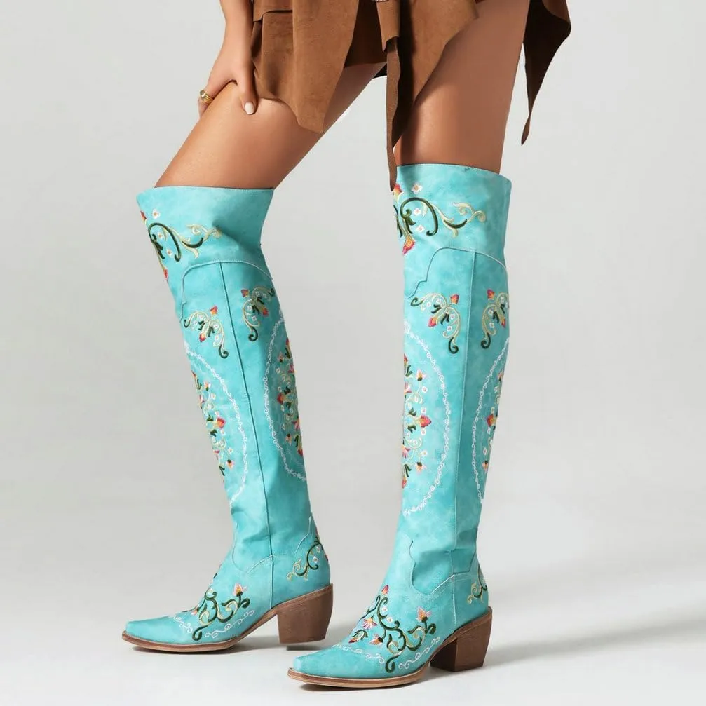 KOKOMOMO Floral Cowgirl Boots Chunky Thigh High Cowboy Over The Knee Embroidered Cowgirl Flower Boots
