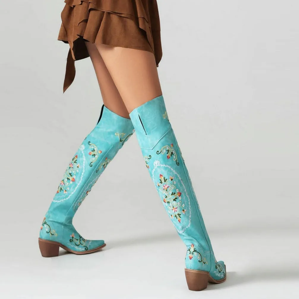 KOKOMOMO Floral Cowgirl Boots Chunky Thigh High Cowboy Over The Knee Embroidered Cowgirl Flower Boots