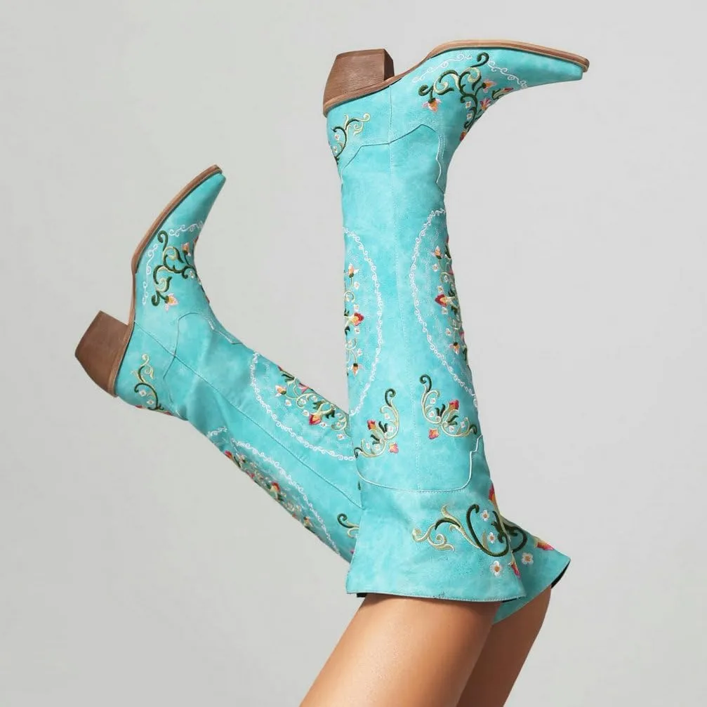 KOKOMOMO Floral Cowgirl Boots Chunky Thigh High Cowboy Over The Knee Embroidered Cowgirl Flower Boots