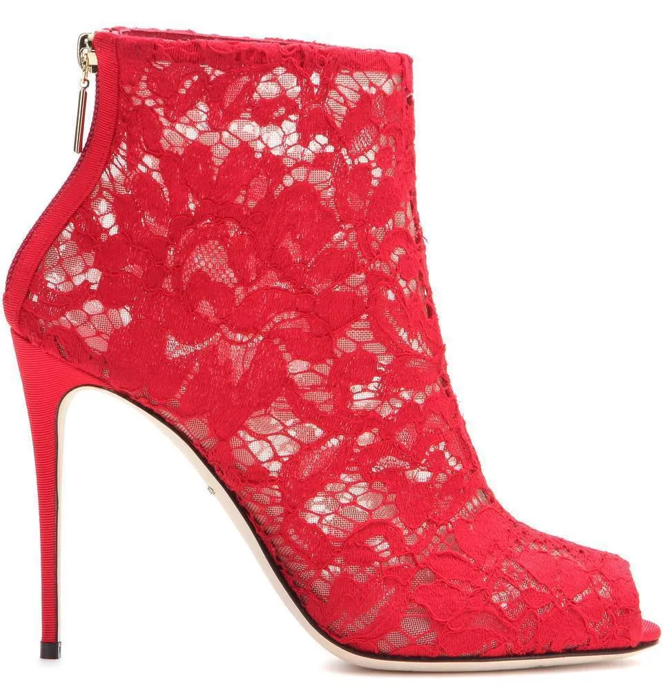 Lace and Mesh Peep Toe Ankle Boots - Black, Red or White