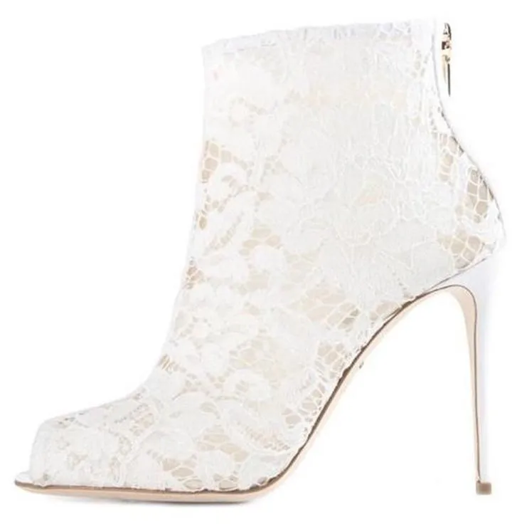 Lace and Mesh Peep Toe Ankle Boots - Black, Red or White