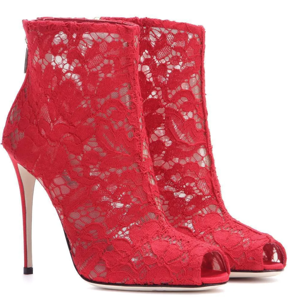 Lace and Mesh Peep Toe Ankle Boots - Black, Red or White