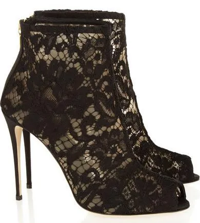 Lace and Mesh Peep Toe Ankle Boots - Black, Red or White