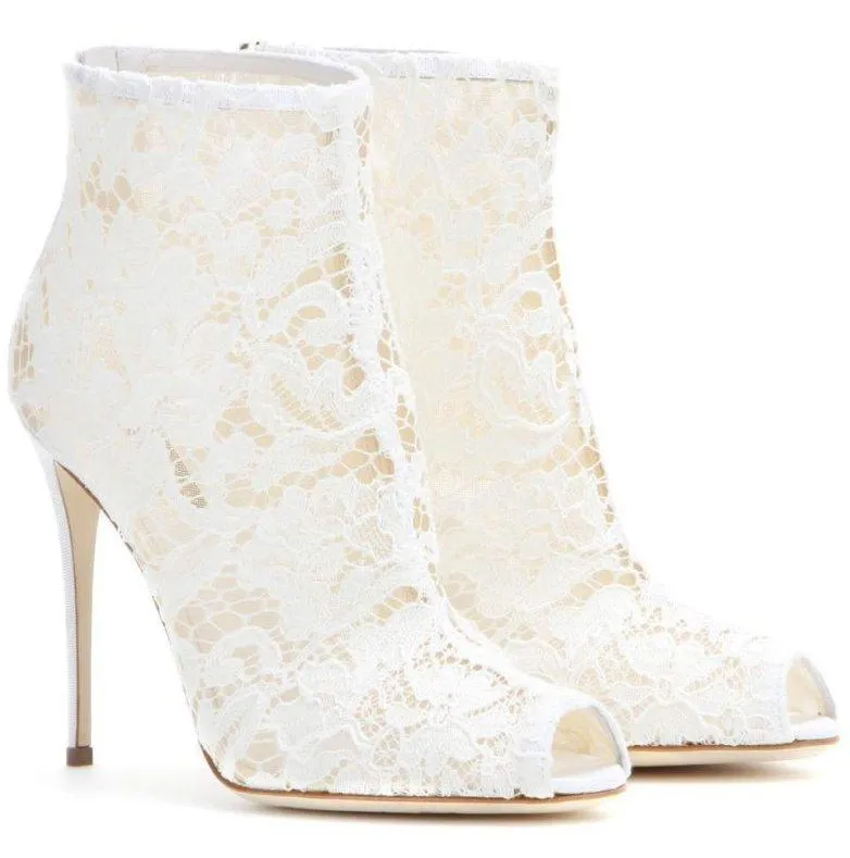 Lace and Mesh Peep Toe Ankle Boots - Black, Red or White