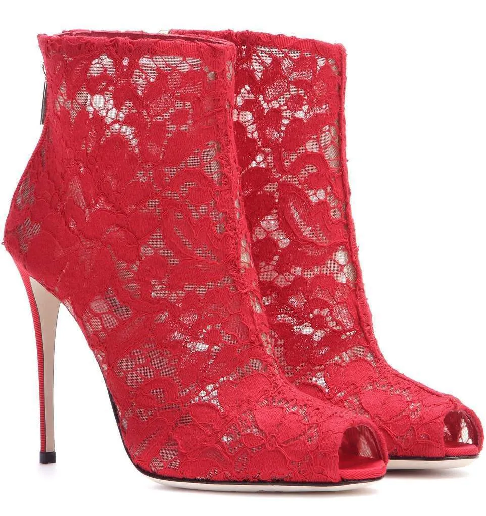 Lace and Mesh Peep Toe Ankle Boots - Black, Red or White