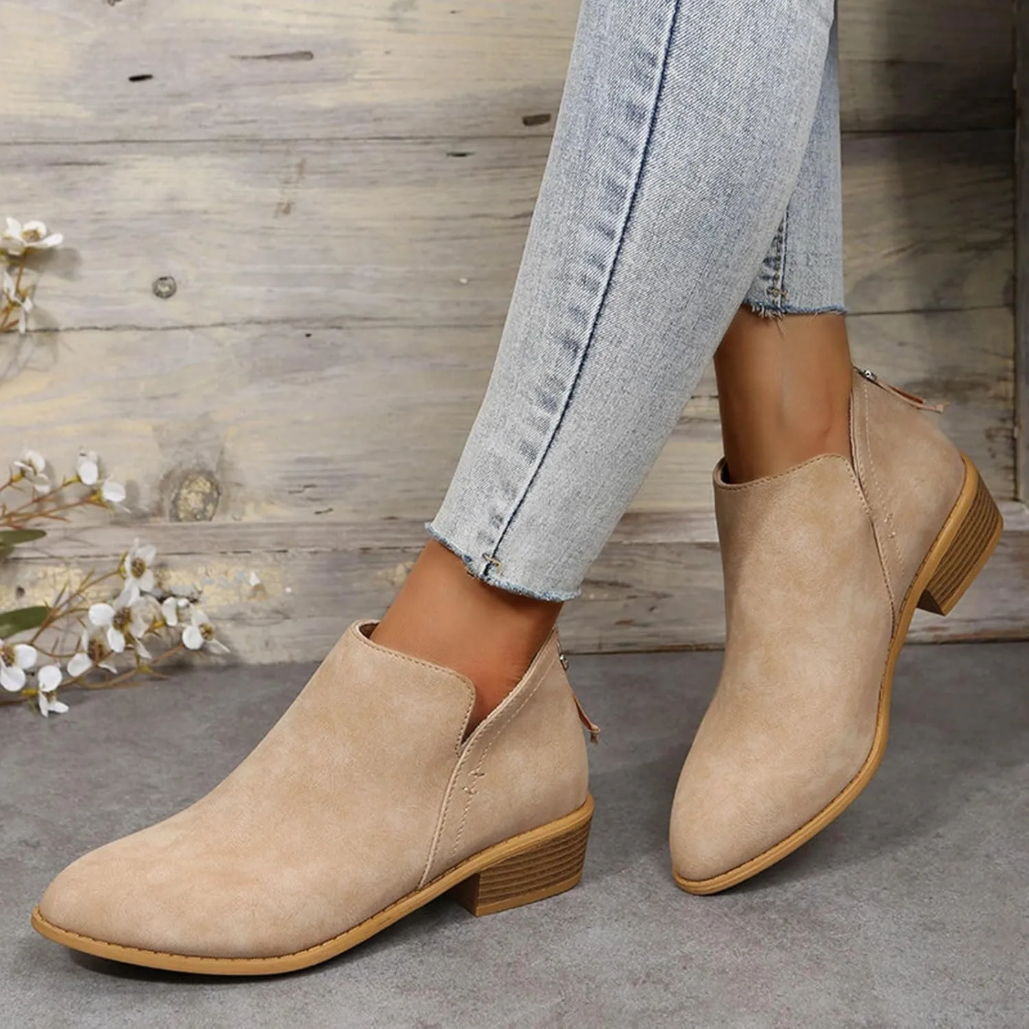 Leather Ankle Boots for Women Ankle Boots for Women Low Heel Zipper Pointed Toe Short Boot Comfy Casual Walking Shoes