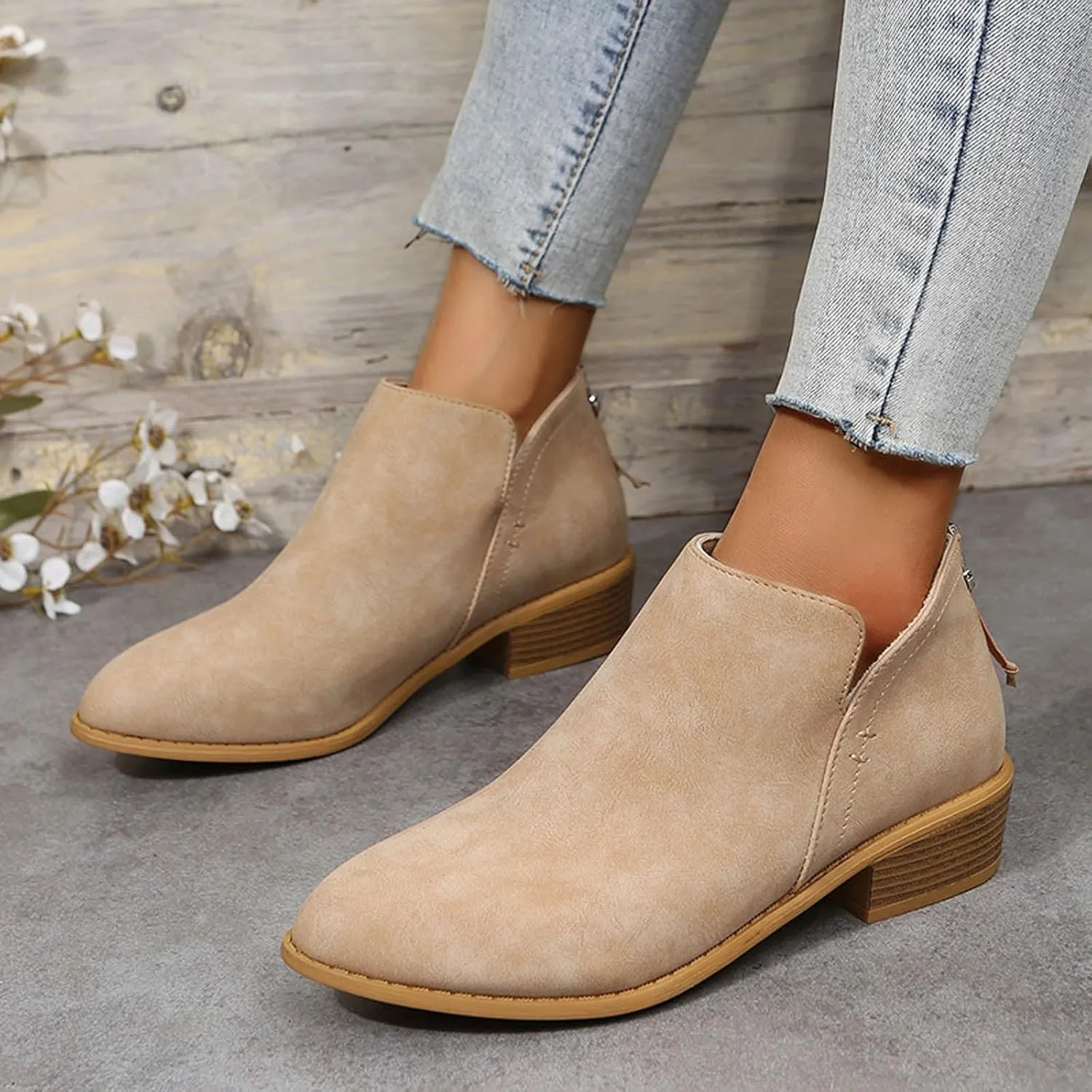 Leather Ankle Boots for Women Ankle Boots for Women Low Heel Zipper Pointed Toe Short Boot Comfy Casual Walking Shoes
