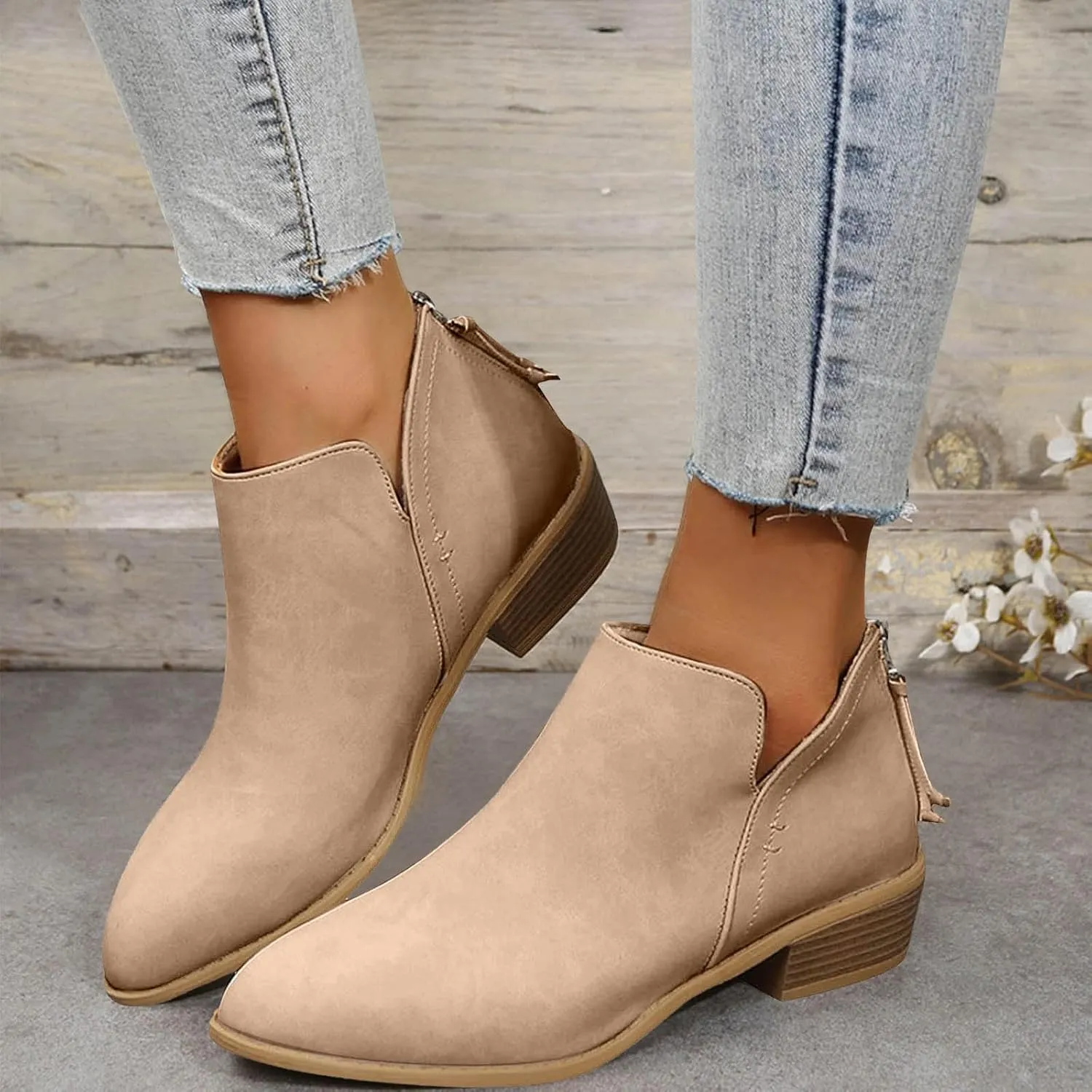 Leather Ankle Boots for Women Ankle Boots for Women Low Heel Zipper Pointed Toe Short Boot Comfy Casual Walking Shoes