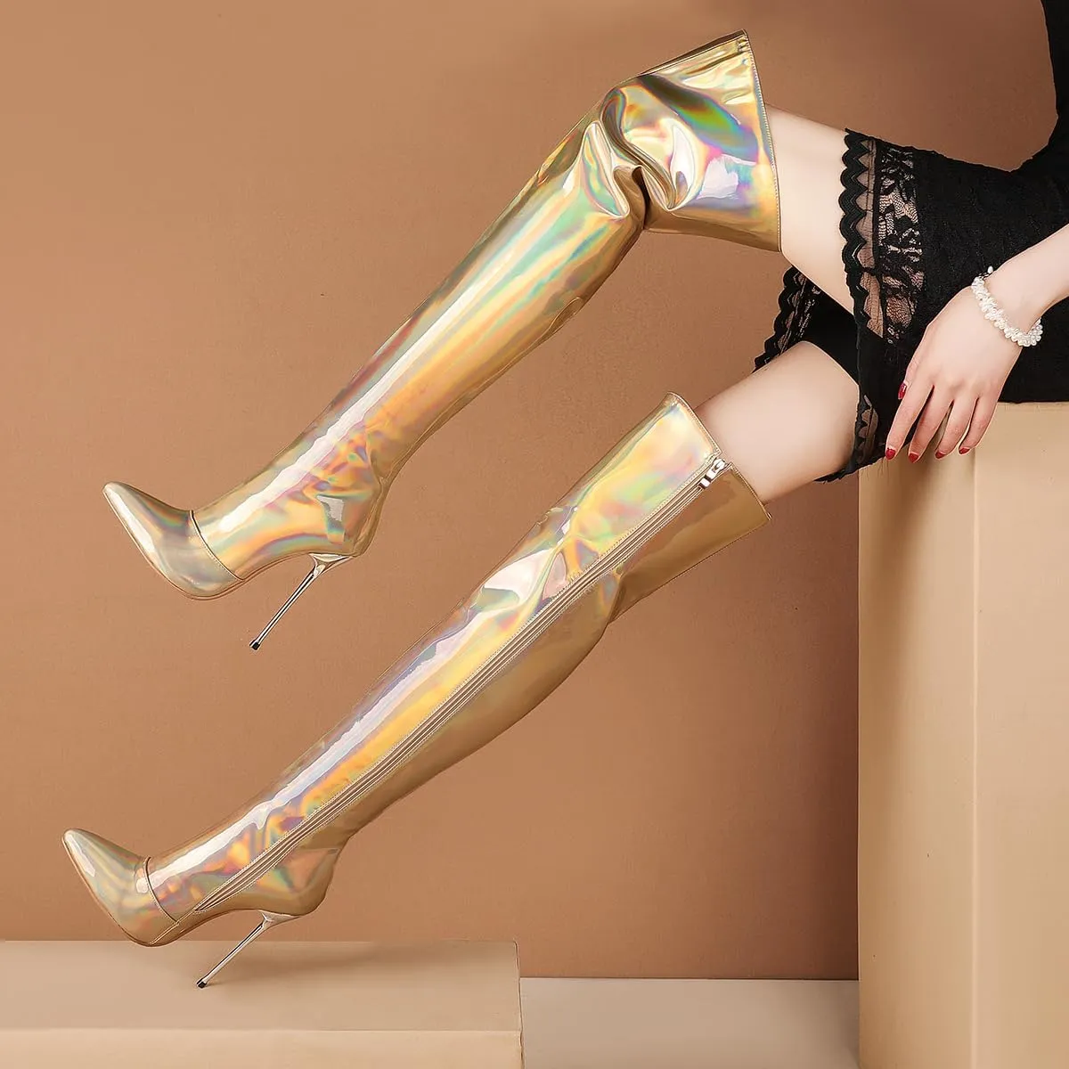 LEHOOR Women Thigh High Go Go Boots Stiletto High Heel Pointed Toe Metallic Over The Knee Boots Wide Calf Side Zipper Patent Leather Tall Dress Boot 5" Metal Heels Sexy Shiny Colorful Fall 4-13 M US