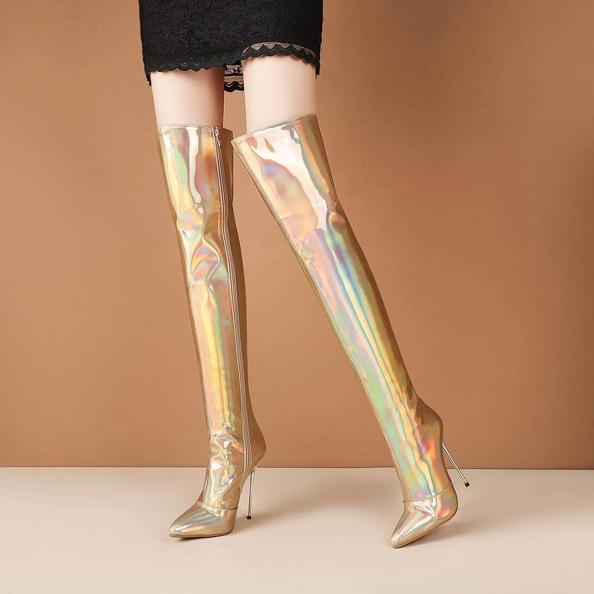 LEHOOR Women Thigh High Go Go Boots Stiletto High Heel Pointed Toe Metallic Over The Knee Boots Wide Calf Side Zipper Patent Leather Tall Dress Boot 5" Metal Heels Sexy Shiny Colorful Fall 4-13 M US
