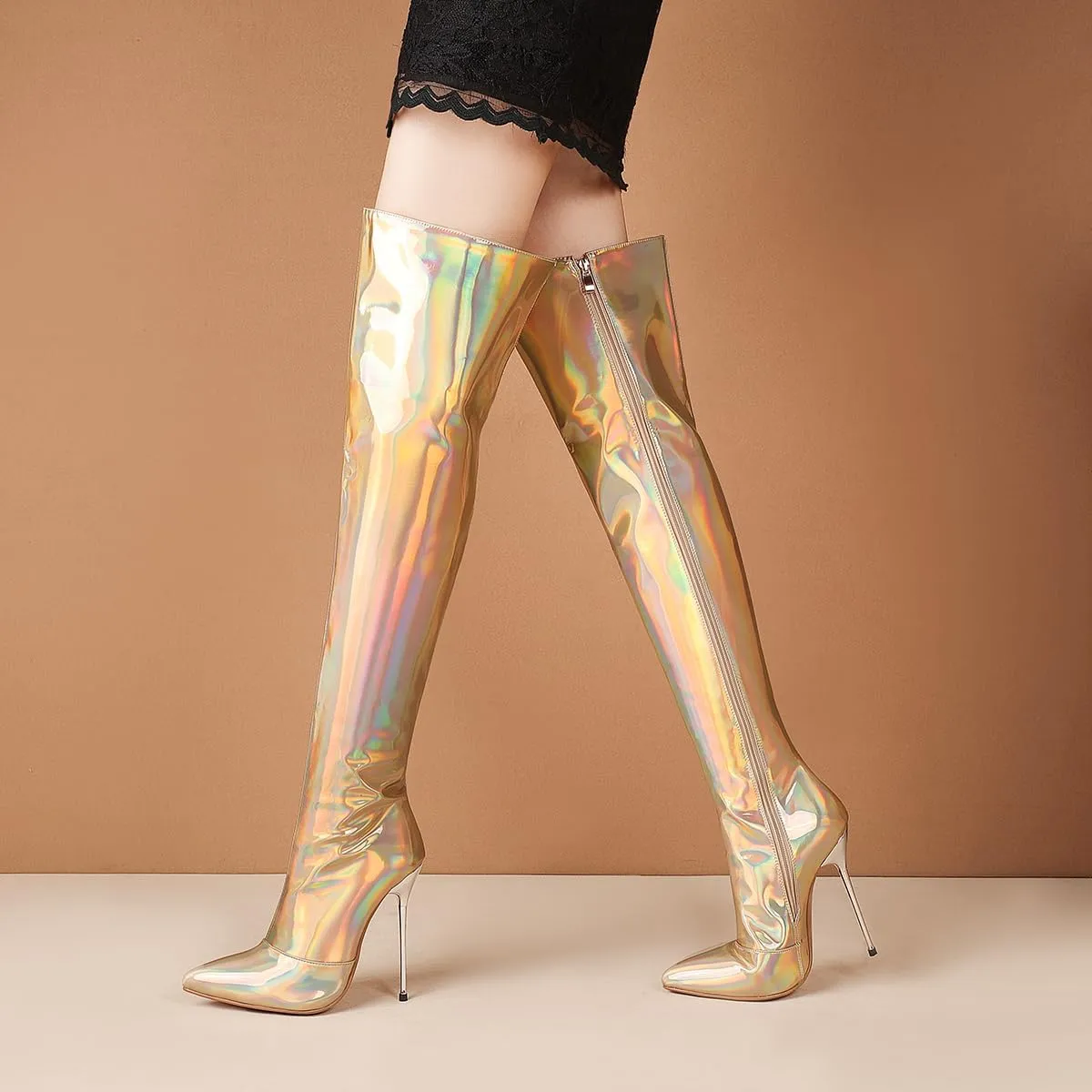 LEHOOR Women Thigh High Go Go Boots Stiletto High Heel Pointed Toe Metallic Over The Knee Boots Wide Calf Side Zipper Patent Leather Tall Dress Boot 5" Metal Heels Sexy Shiny Colorful Fall 4-13 M US
