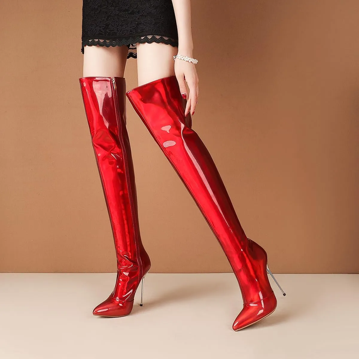 LEHOOR Women Thigh High Go Go Boots Stiletto High Heel Pointed Toe Metallic Over The Knee Boots Wide Calf Side Zipper Patent Leather Tall Dress Boot 5" Metal Heels Sexy Shiny Colorful Fall 4-13 M US