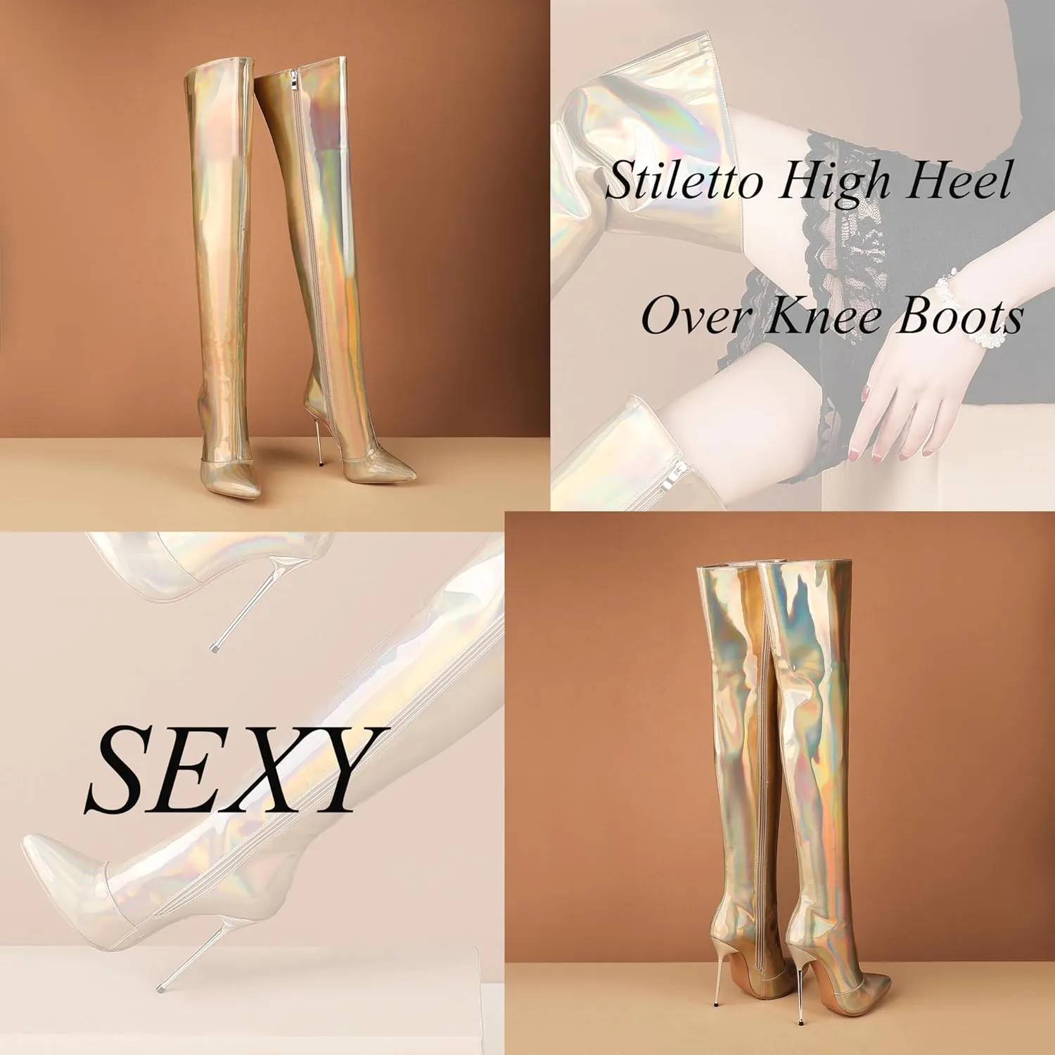 LEHOOR Women Thigh High Go Go Boots Stiletto High Heel Pointed Toe Metallic Over The Knee Boots Wide Calf Side Zipper Patent Leather Tall Dress Boot 5" Metal Heels Sexy Shiny Colorful Fall 4-13 M US