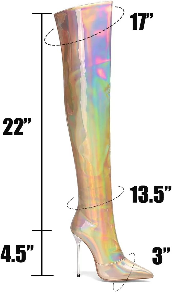 LEHOOR Women Thigh High Go Go Boots Stiletto High Heel Pointed Toe Metallic Over The Knee Boots Wide Calf Side Zipper Patent Leather Tall Dress Boot 5" Metal Heels Sexy Shiny Colorful Fall 4-13 M US