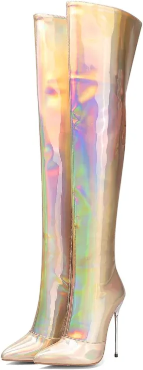 LEHOOR Women Thigh High Go Go Boots Stiletto High Heel Pointed Toe Metallic Over The Knee Boots Wide Calf Side Zipper Patent Leather Tall Dress Boot 5" Metal Heels Sexy Shiny Colorful Fall 4-13 M US