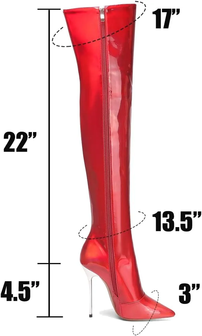 LEHOOR Women Thigh High Go Go Boots Stiletto High Heel Pointed Toe Metallic Over The Knee Boots Wide Calf Side Zipper Patent Leather Tall Dress Boot 5" Metal Heels Sexy Shiny Colorful Fall 4-13 M US