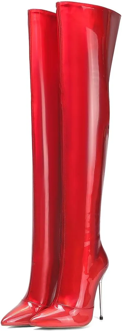 LEHOOR Women Thigh High Go Go Boots Stiletto High Heel Pointed Toe Metallic Over The Knee Boots Wide Calf Side Zipper Patent Leather Tall Dress Boot 5" Metal Heels Sexy Shiny Colorful Fall 4-13 M US