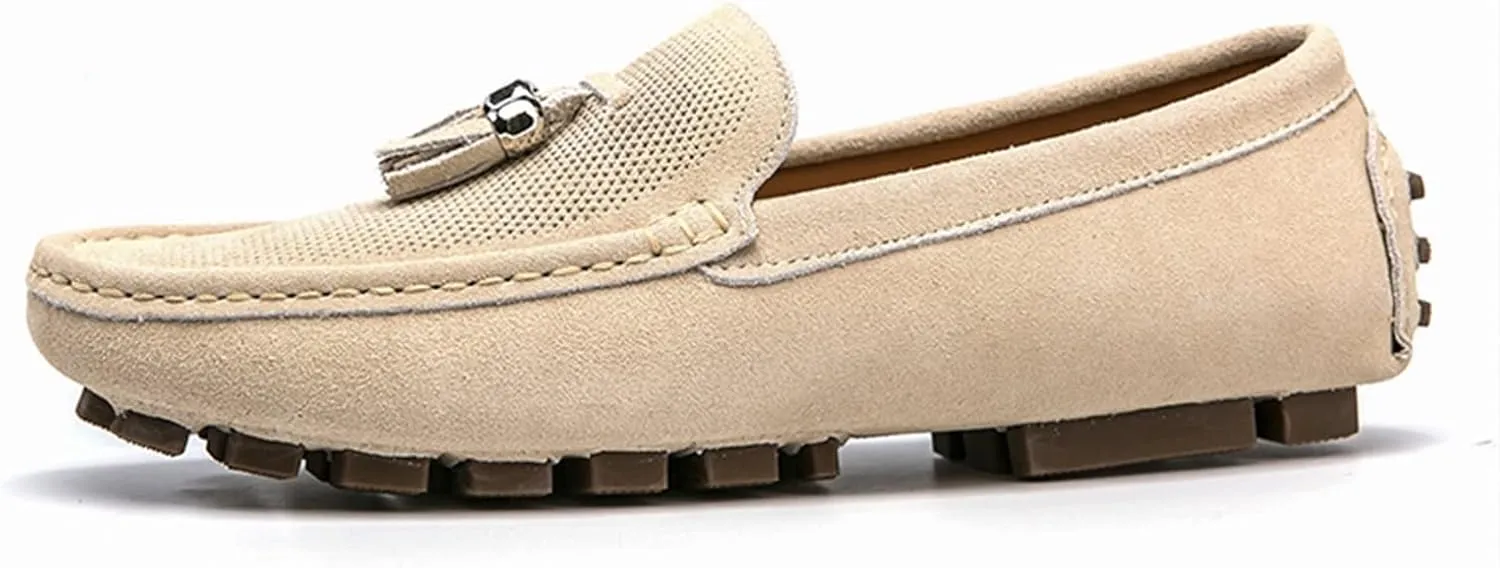 Loafers for Men Genuine Leather Tassel Suede Vamp Perforated Round Toe Stitching Details Anti-Slip Comfortable Resistant Fashion Walking Slip On