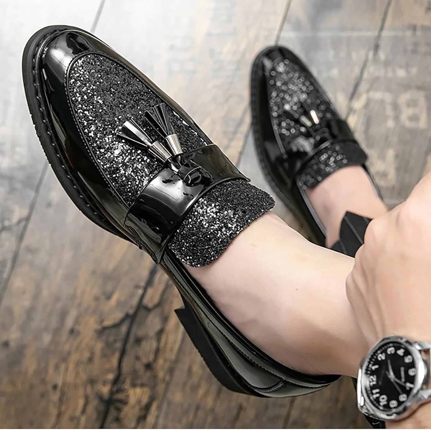 Men's Party Flats Black Golden Formal Patchwork Tassel Leather Casuals Shoe Handmade Wedding Classic Loafers Moccasins Dress Shoes,Fashion Slip-On Tuxedo for Men