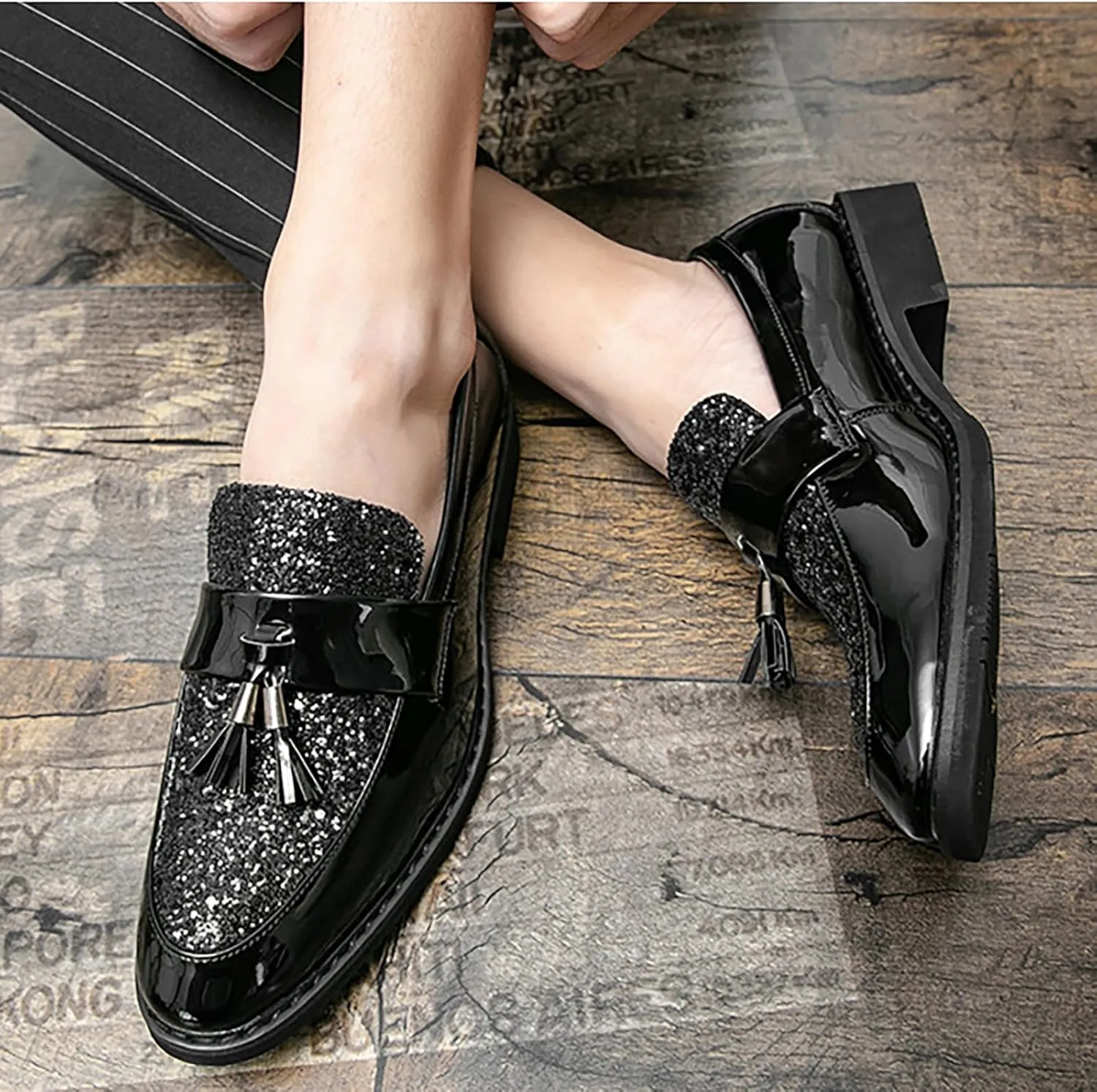 Men's Party Flats Black Golden Formal Patchwork Tassel Leather Casuals Shoe Handmade Wedding Classic Loafers Moccasins Dress Shoes,Fashion Slip-On Tuxedo for Men