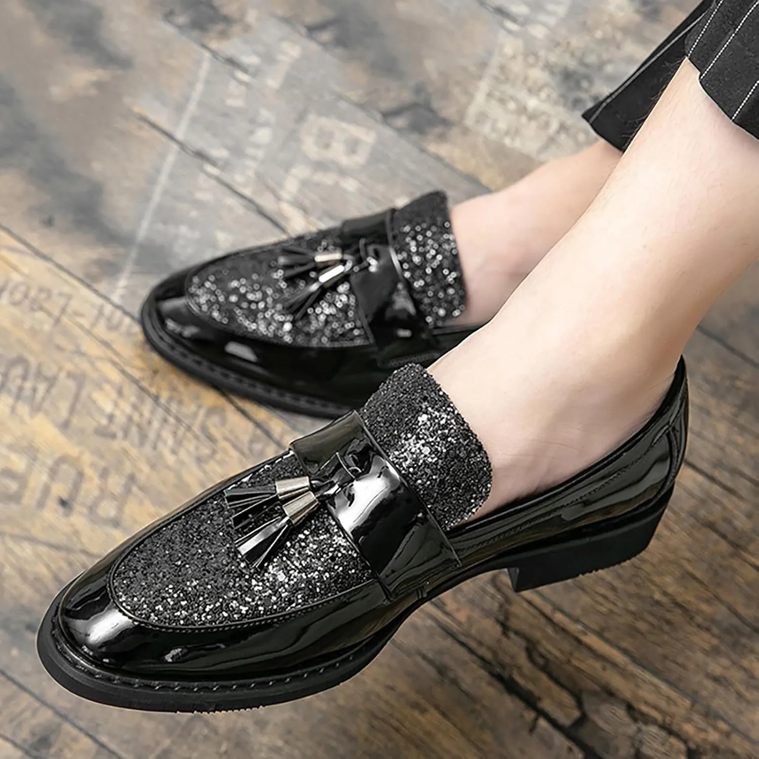 Men's Party Flats Black Golden Formal Patchwork Tassel Leather Casuals Shoe Handmade Wedding Classic Loafers Moccasins Dress Shoes,Fashion Slip-On Tuxedo for Men