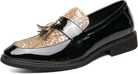 Men's Party Flats Black Golden Formal Patchwork Tassel Leather Casuals Shoe Handmade Wedding Classic Loafers Moccasins Dress Shoes,Fashion Slip-On Tuxedo for Men