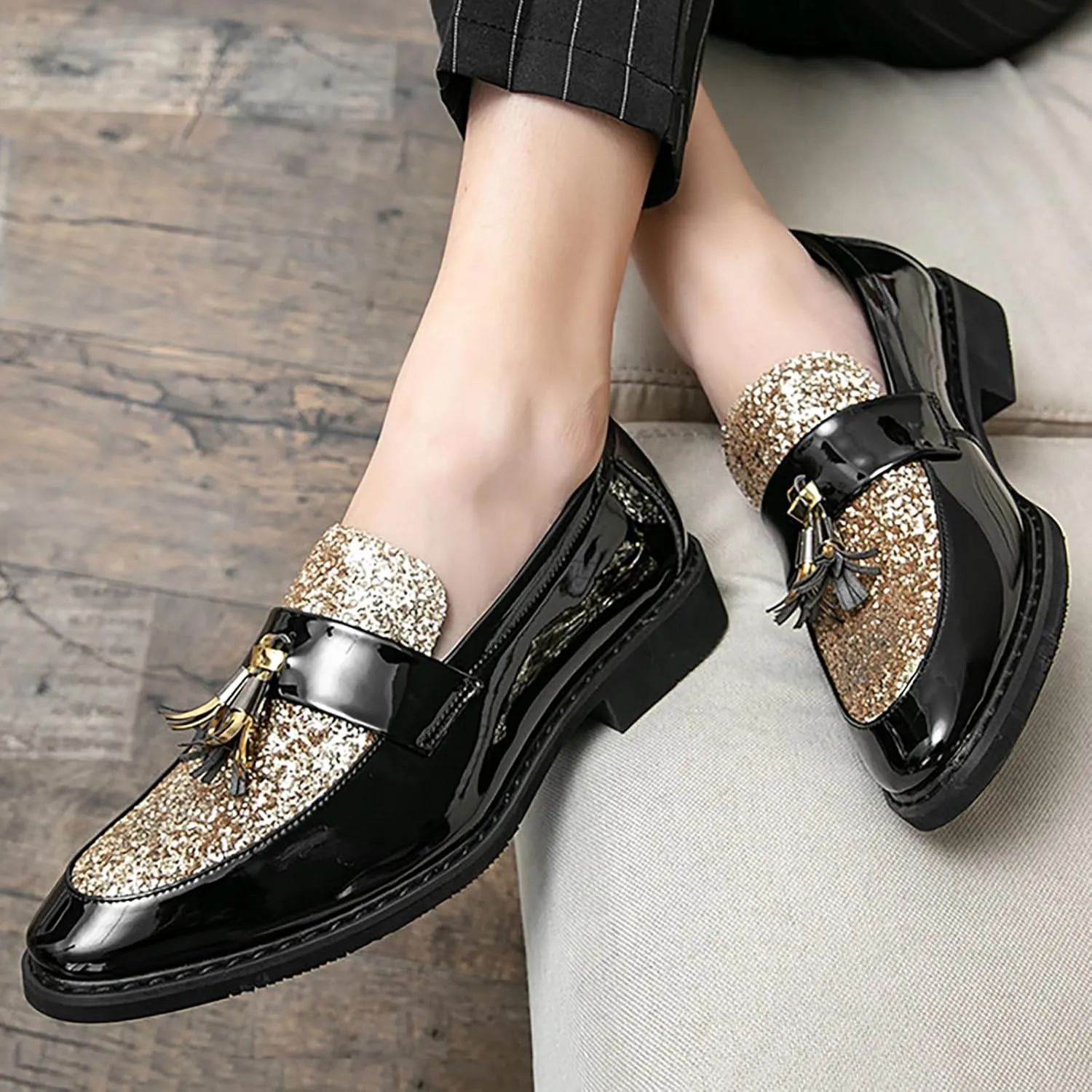 Men's Party Flats Black Golden Formal Patchwork Tassel Leather Casuals Shoe Handmade Wedding Classic Loafers Moccasins Dress Shoes,Fashion Slip-On Tuxedo for Men