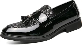 Men's Party Flats Black Golden Formal Patchwork Tassel Leather Casuals Shoe Handmade Wedding Classic Loafers Moccasins Dress Shoes,Fashion Slip-On Tuxedo for Men