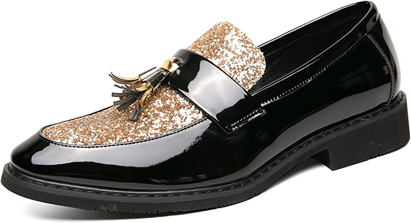 Men's Party Flats Black Golden Formal Patchwork Tassel Leather Casuals Shoe Handmade Wedding Classic Loafers Moccasins Dress Shoes,Fashion Slip-On Tuxedo for Men