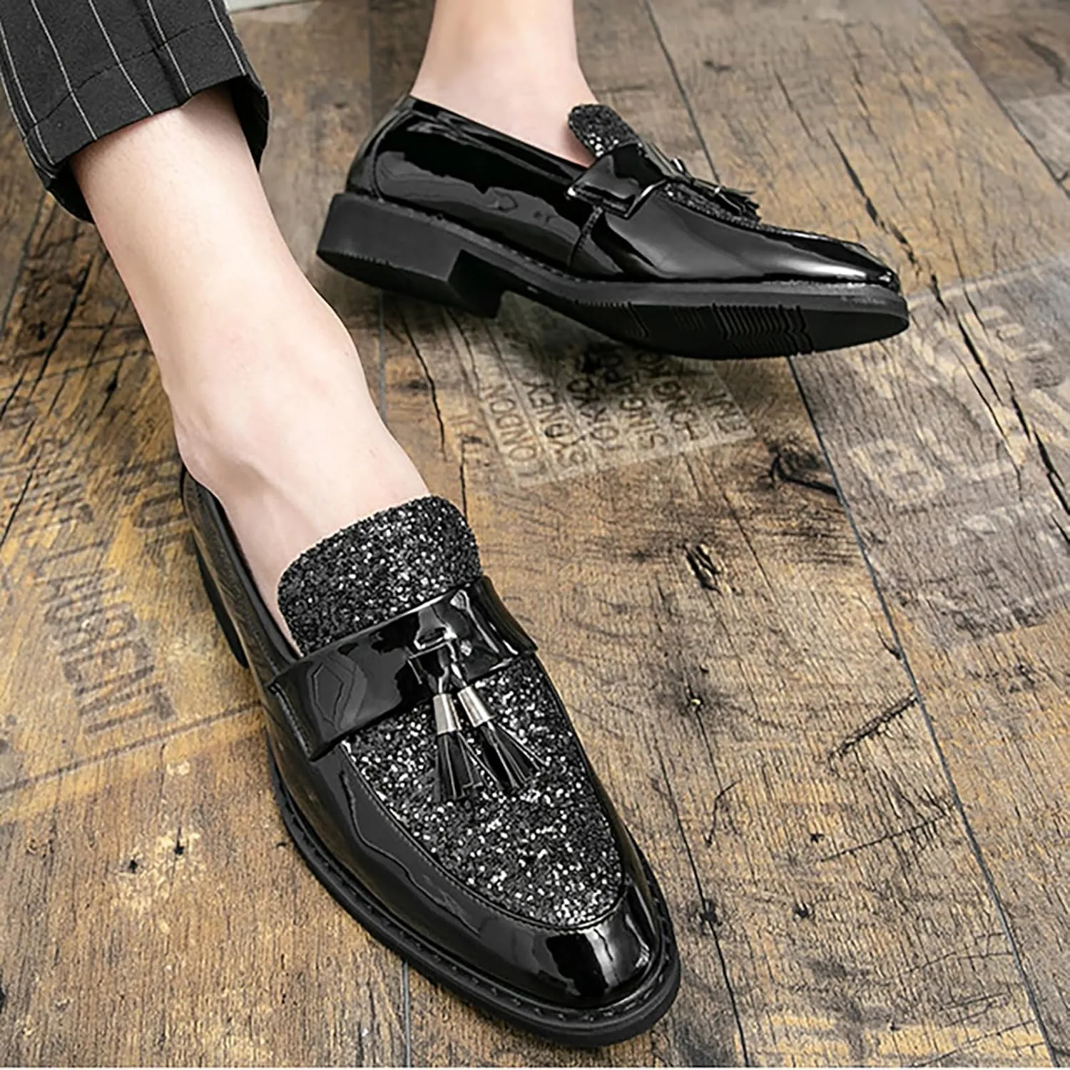 Men's Party Flats Black Golden Formal Patchwork Tassel Leather Casuals Shoe Handmade Wedding Classic Loafers Moccasins Dress Shoes,Fashion Slip-On Tuxedo for Men