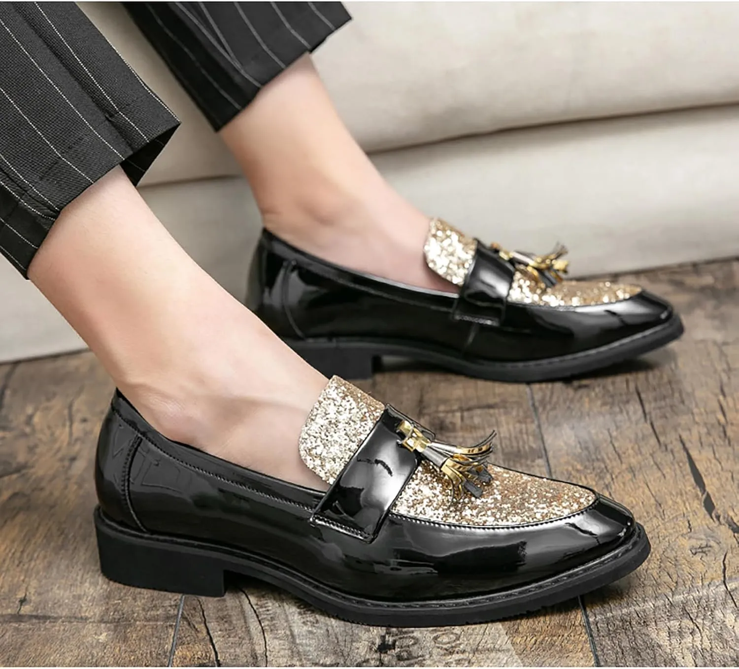 Men's Party Flats Black Golden Formal Patchwork Tassel Leather Casuals Shoe Handmade Wedding Classic Loafers Moccasins Dress Shoes,Fashion Slip-On Tuxedo for Men