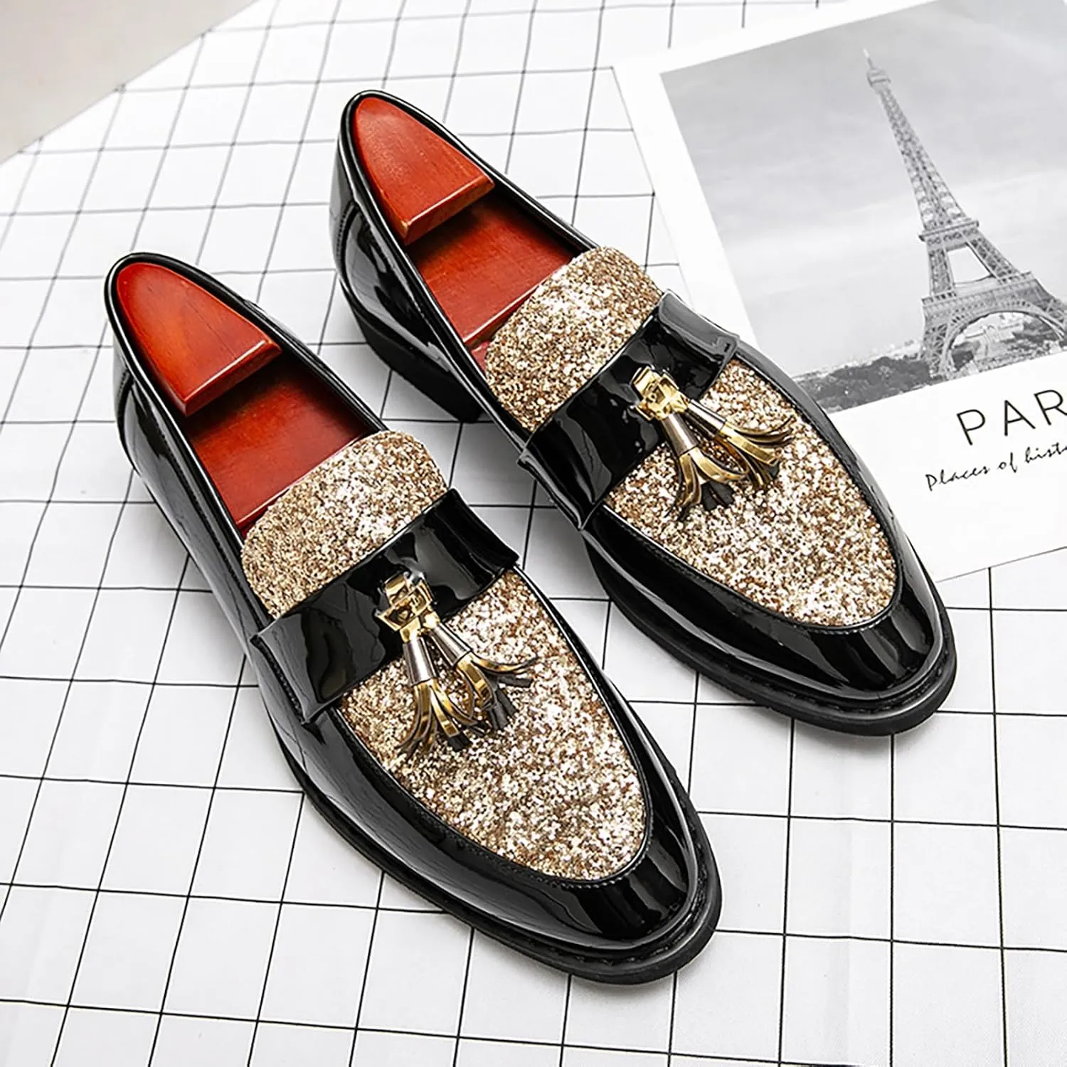 Men's Party Flats Black Golden Formal Patchwork Tassel Leather Casuals Shoe Handmade Wedding Classic Loafers Moccasins Dress Shoes,Fashion Slip-On Tuxedo for Men