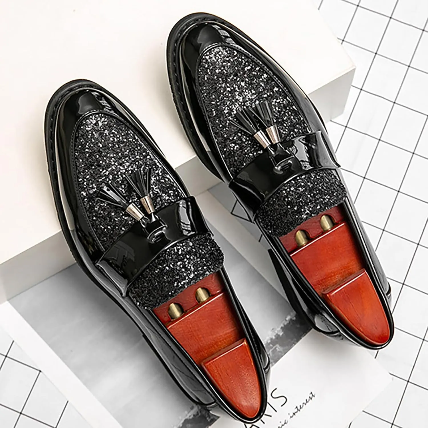 Men's Party Flats Black Golden Formal Patchwork Tassel Leather Casuals Shoe Handmade Wedding Classic Loafers Moccasins Dress Shoes,Fashion Slip-On Tuxedo for Men