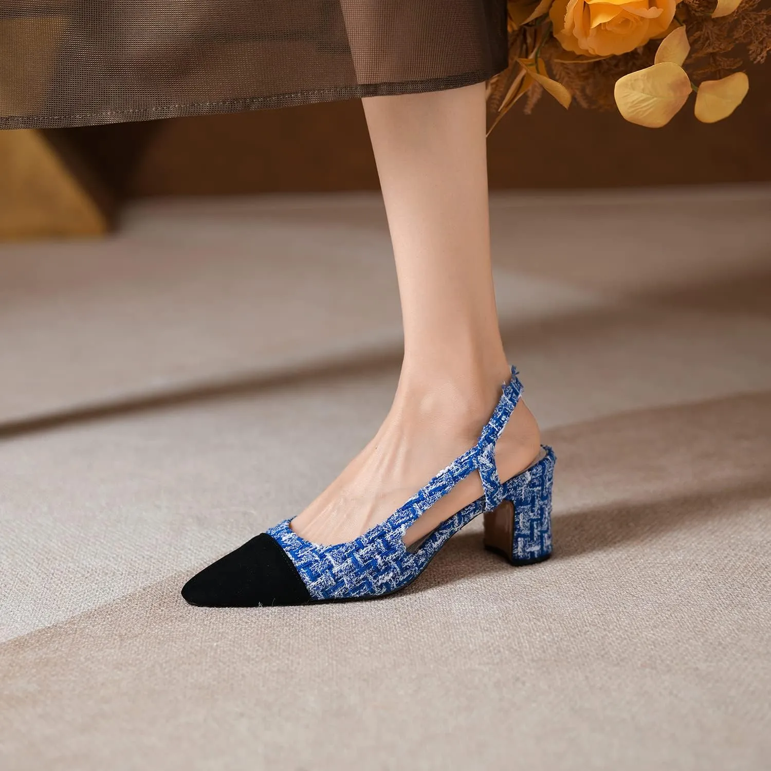 MICIFA Slingback Heels for WomenRound Toe Chunky Heeled Pumps Ankle Strap Fashion Splicing Dress Shoes