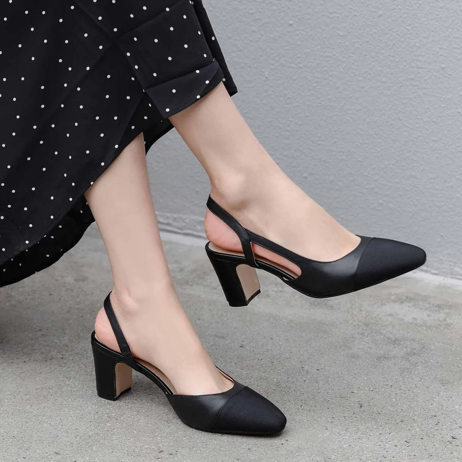 MICIFA Slingback Heels for WomenRound Toe Chunky Heeled Pumps Ankle Strap Fashion Splicing Dress Shoes